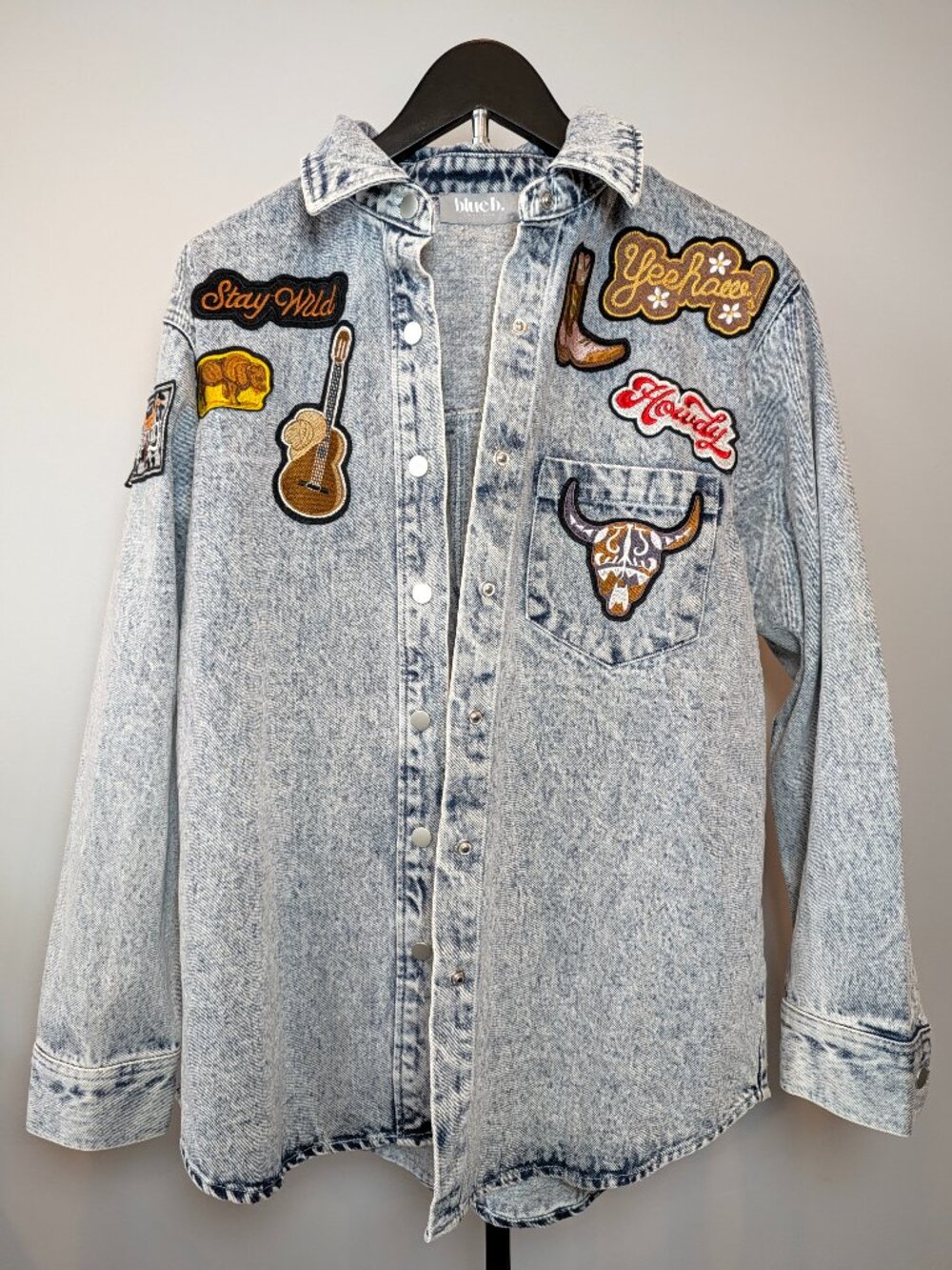 Blue B Women's Size S Western Patch Denim Shacket Acid Wash Snap Button